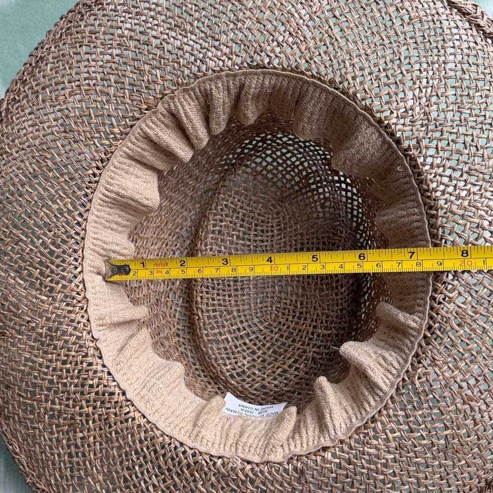 Woven Tan Straw Sun Hat with Blue Floral Fabric Band - Picture 7 of 7